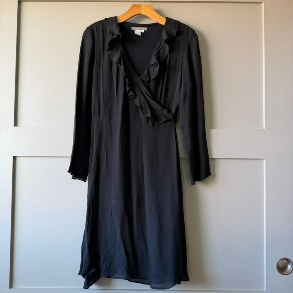 Isabella Bird Dress Women 8P Black Silk Wrap‎ Ruffle Midi Long Sleeve Petite